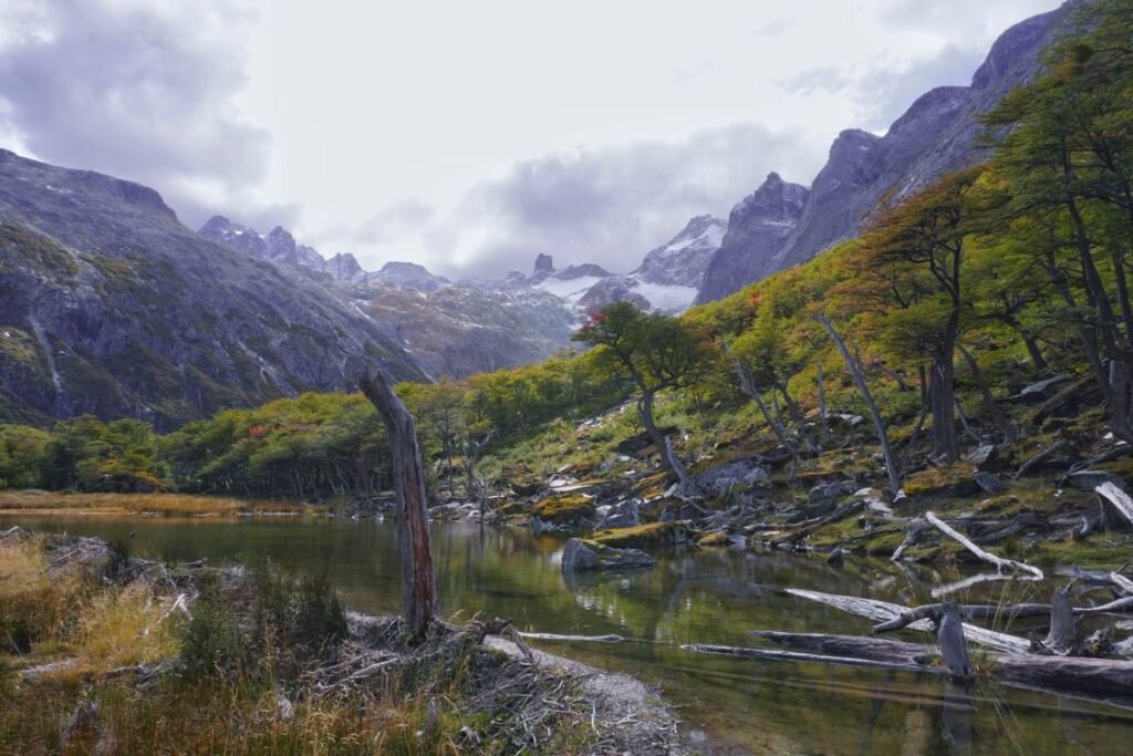 Montañas rocosas y lago en un valle fueguino